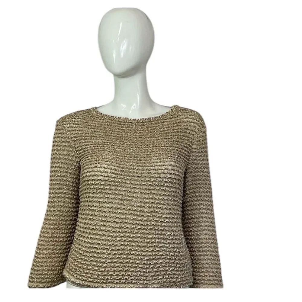 St John Couture Tan Crew Neck Long Sleeve Pullover Knit Sweater Size P S